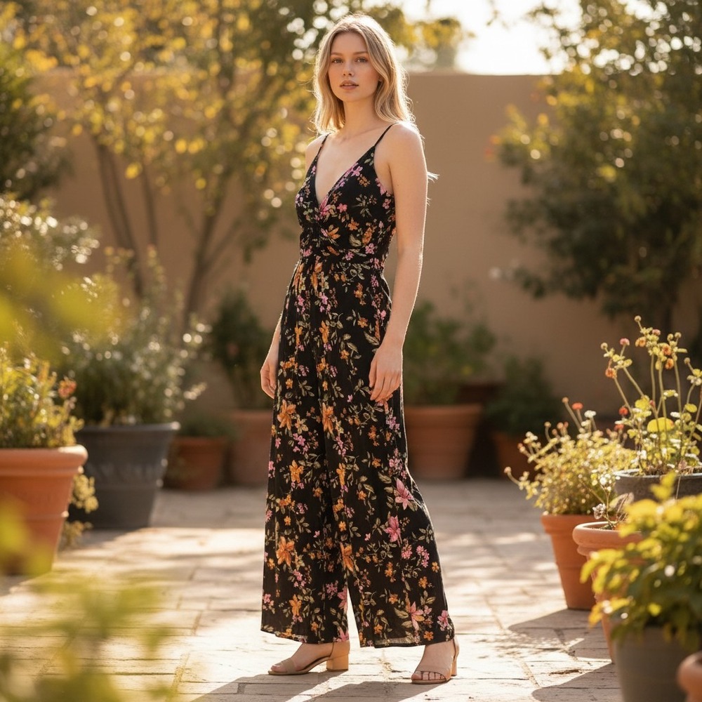 American Eagle Jumpsuit Womens XL Black Floral Wide Leg Cut Out Tie Front